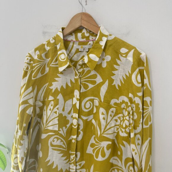 Boden Yellow Floral Print Linen Button Up Top Size 12 Long - Picture 2 of 7